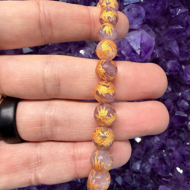 Muave Rose Quartz (AAA Grade) Hand Carved Gold Dragon Bracelets - 8mm