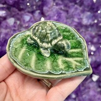 Turtle on Lily Pad Ash Catcher Incense Stick Burner- Dark Green Ceramic