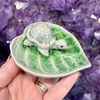 Turtle on Lily Pad Ash Catcher Incense Stick Burner- Light Green Ceramic