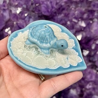 Turtle on Lily Pad Ash Catcher Incense Stick Burner- Light Blue Ceramic