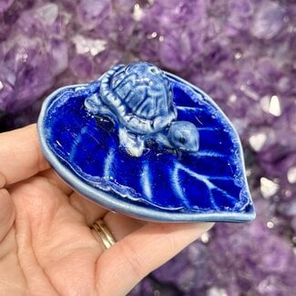 Turtle on Lily Pad Ash Catcher Incense Stick Burner- Blue Ceramic