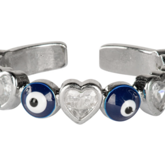 Evil Eye Adjustable Rings with Rhinestone Hearts - Adjustable Silver Plated Band