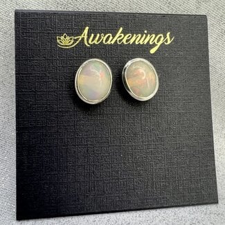 Ethiopian Opal Earrings - Oval Studs - Bezel Set Sterling Silver