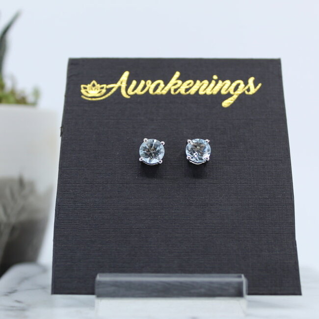Blue Topaz Earrings - 6mm Round Faceted Studs - Claw Prong Set Sterling Silver