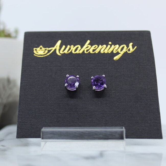 Amethyst Earrings - 6mm Round Faceted Studs - Claw Prong Set Sterling Silver