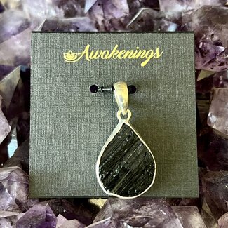 Black Tourmaline Pendants - Teardrop Pear (Rough Raw Natural) Bezel Set Sterling Silver