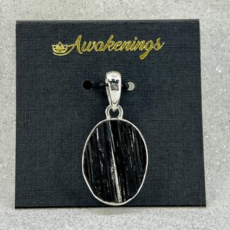 Black Tourmaline Pendant - Oval (Rough Raw Natural) Bezel Set Sterling Silver