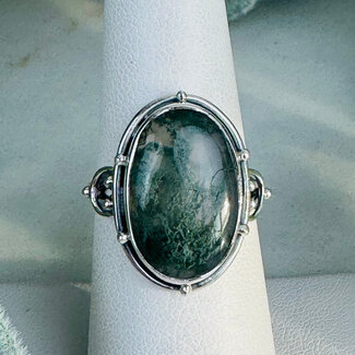 Moss Agate Rings - Size 7 Oval Milgrain -Bezel Set Sterling Silver