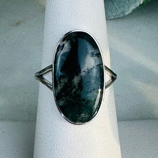 Moss Agate Rings - Size 7 Oval - Bezel Set Sterling Silver