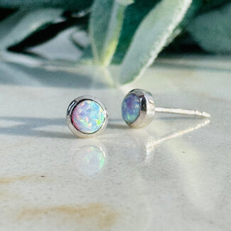 Balloon Opal Earrings - 4mm Round Circle Studs - Bezel Set Sterling Silver (Lab Created)