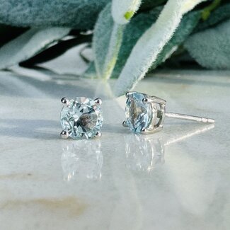 Blue Topaz Earrings - 6mm Round Faceted Studs - Claw Prong Set Sterling Silver