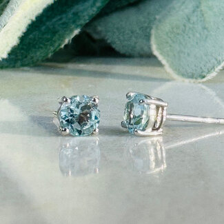 Blue Topaz Earrings - 5mm Round Faceted Studs - Claw Prong Set Sterling Silver