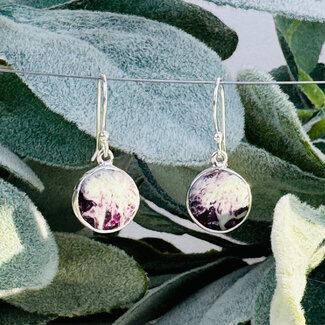 Kammererite Earrings - Round Circle Drop Dangle - Bezel Set Sterling Silver