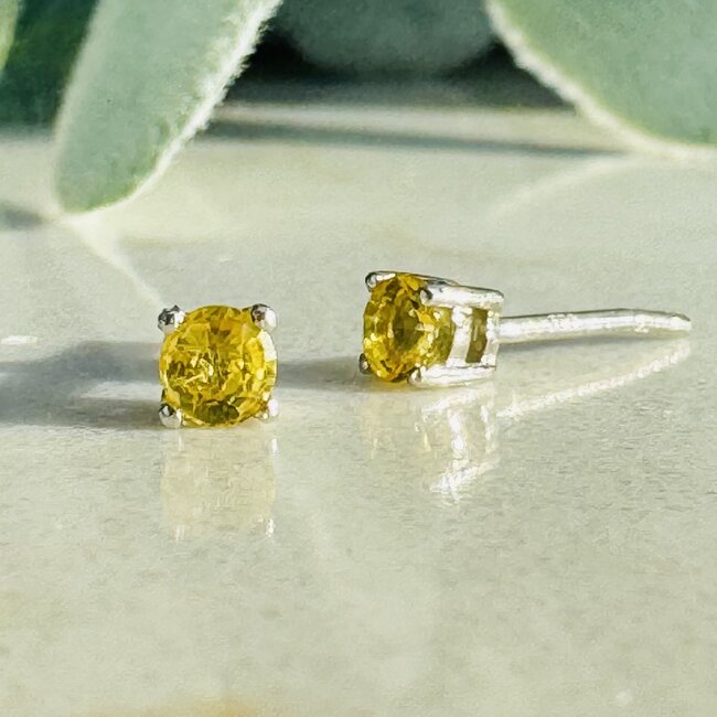 Yellow Sapphire Earrings - 3mm Round Faceted Studs - Claw Prong Set - Sterling Silver Pukhraj