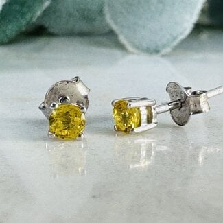 Yellow Sapphire Earrings - 3mm Round Faceted Studs - Claw Prong Set - Sterling Silver Pukhraj