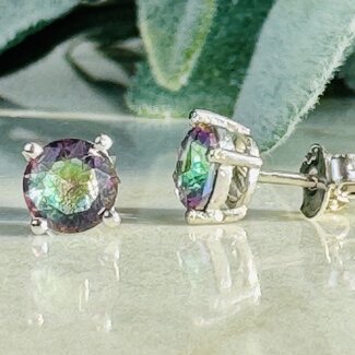Mystic Topaz Quartz Earrings - 6mm Round Faceted Studs - Claw Prong Set Sterling Silver