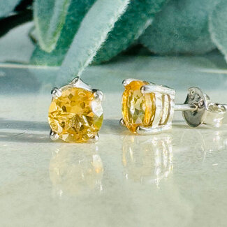 Citrine Earrings - 6mm Round Faceted Studs - Claw Prong Set Sterling Silver