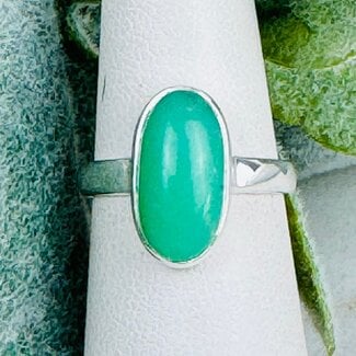 Green Chrysoprase Rings - Size 5 Oval - Bezel Set Sterling Silver (AAA Grade)