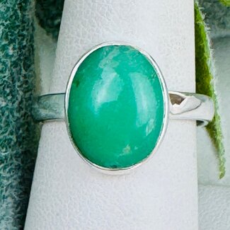 Green Chrysoprase Rings - Size 10 Oval - Bezel Set Sterling Silver (AAA Grade)