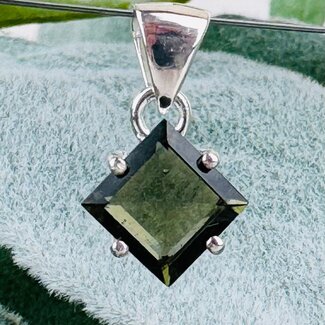 Moldavite Pendants - Square Diamond Faceted - Claw Prong Set Sterling Silver