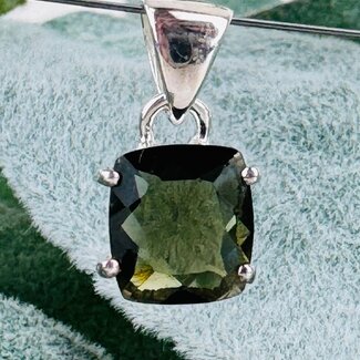 Moldavite Pendants - Square Cushion Faceted - Claw Prong Set Sterling Silver