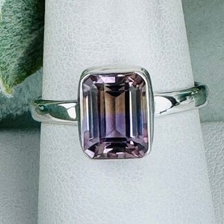 Ametrine Rings - Size 8 Rectangle Faceted (Emerald Cut) - Bezel Set Sterling Silver
