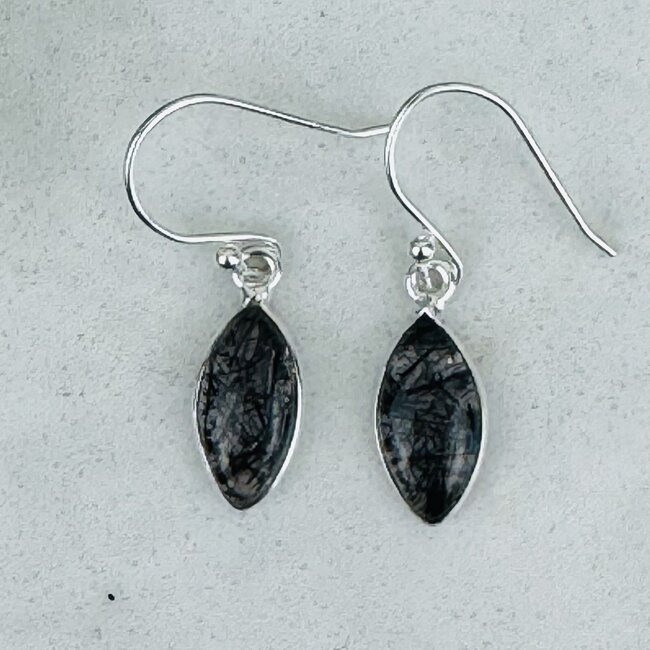 Black Tourmaline in Clear Quartz (Tourmalated Tourmalinated Rutilated Rutile) Earrings - Marquise Dangle Drop - Bezel Set Sterling Silver