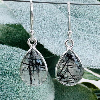 Black Tourmaline in Clear Quartz (Tourmalated Tourmalinated Rutilated Rutile) Earrings - Teardrop Pear Dangle Drop - Bezel Set Sterling Silver