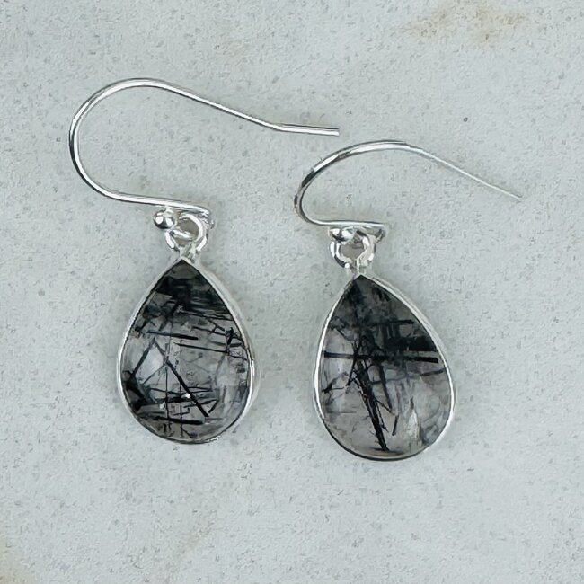 Black Tourmaline in Clear Quartz (Tourmalated Tourmalinated Rutilated Rutile) Earrings - Teardrop Pear Dangle Drop - Bezel Set Sterling Silver