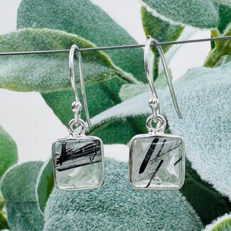 Black Tourmaline in Clear Quartz (Tourmalated Tourmalinated Rutilated Rutile) Earrings - Square Dangle Drop - Bezel Set Sterling Silver