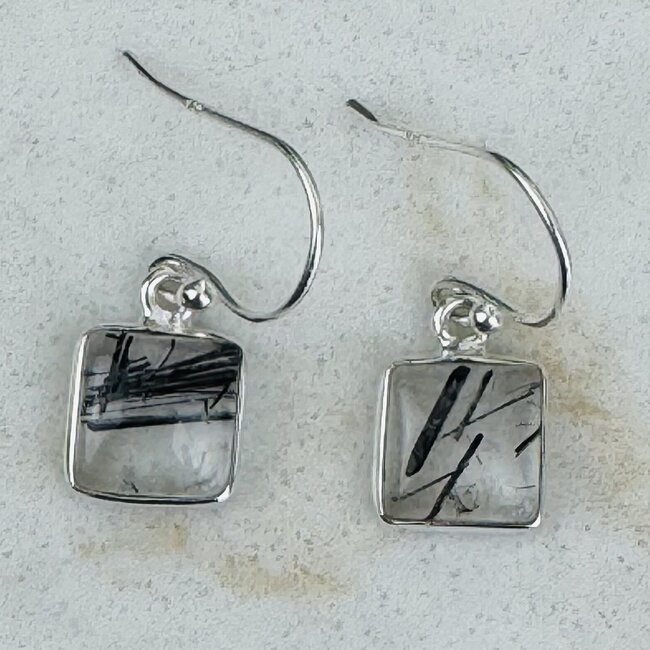 Black Tourmaline in Clear Quartz (Tourmalated Tourmalinated Rutilated Rutile) Earrings - Square Dangle Drop - Bezel Set Sterling Silver