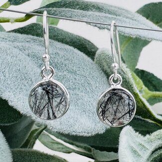 Black Tourmaline in Clear Quartz (Tourmalated Tourmalinated Rutilated Rutile) Earrings - Round Dangle Drop - Bezel Set Sterling Silver