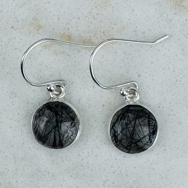Black Tourmaline in Clear Quartz (Tourmalated Tourmalinated Rutilated Rutile) Earrings - Round Dangle Drop - Bezel Set Sterling Silver