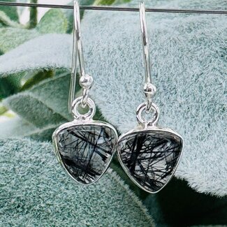 Black Tourmaline in Clear Quartz (Tourmalated Tourmalinated Rutilated Rutile) Earrings - Triangle Dangle Drop - Bezel Set Sterling Silver