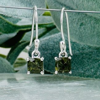 Moldavite Earrings - Square Dangle Drop Faceted - Claw Prong Set Sterling Silver