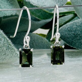 Moldavite Earrings - Rectangle Dangle Drop Faceted - Claw Prong Set Sterling Silver
