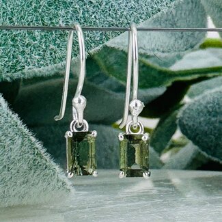 Moldavite Earrings - Rectangle Dangle Drop Faceted - Claw Prong Set Sterling Silver