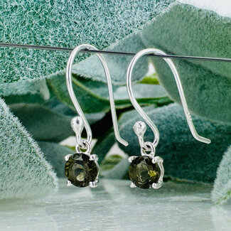 Moldavite Earrings - Round Circle Dangle Drop Faceted - Claw Prong Set Sterling Silver