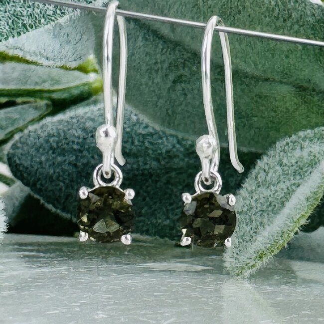 Moldavite Earrings - Round Circle Dangle Drop Faceted - Claw Prong Set Sterling Silver