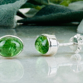 Tsavorite (Grossular) Green Garnet Earrings - Oval Studs Bezel Set - Sterling Silver (AA Grade)