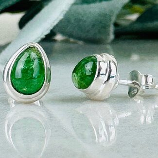 Tsavorite (Grossular) Green Garnet Earrings - Teardrop Pear Studs Bezel Set - Sterling Silver (AA Grade)