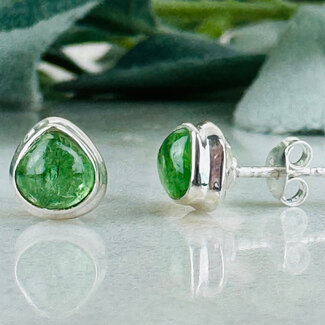 Tsavorite (Grossular) Green Garnet Earrings - Wide Teardrop Pear Studs Bezel Set - Sterling Silver (AA Grade)