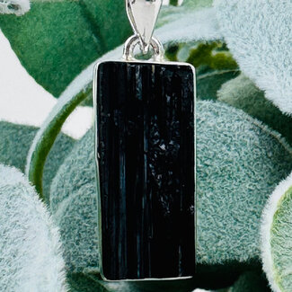 Black Tourmaline Pendants - Rectangle (Rough Raw Natural) Bezel Set Sterling Silver