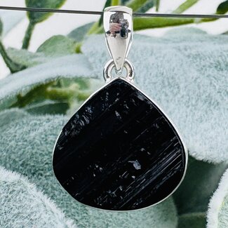 Black Tourmaline Pendants - Teardrop Pear (Rough Raw Natural) Bezel Set Sterling Silver