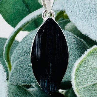Black Tourmaline Pendants - Marquise (Rough Raw Natural) Bezel Set Sterling Silver