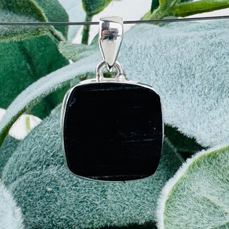 Black Tourmaline Pendants - Rounded Square (Rough Raw Natural) Bezel Set Sterling Silver