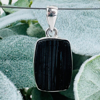 Black Tourmaline Pendants - Rounded Rectangle (Rough Raw Natural) Bezel Set Sterling Silver