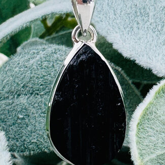 Black Tourmaline Pendants - Long Teardrop Pear (Rough Raw Natural) Bezel Set Sterling Silver
