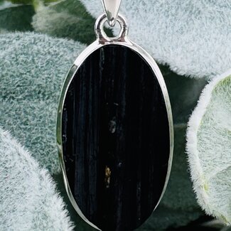 Black Tourmaline Pendants - Oval (Rough Raw Natural) Bezel Set Sterling Silver