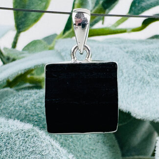 Black Tourmaline Pendants - Square (Rough Raw Natural) Bezel Set Sterling Silver